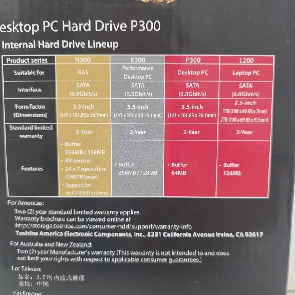 Toshiba P300 1 TB Internal 7200 RPM 3.5" (HDWD110XZSTA) Hard Drive QuikShp - Picture 3 of 4